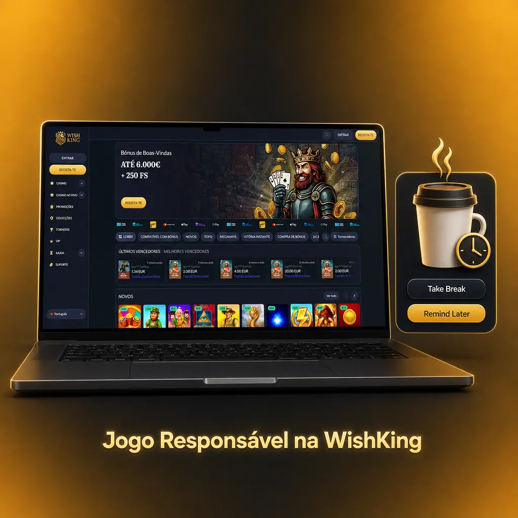 Painel de jogo responsável da WishKing com opções de limites de depósito, pausas temporárias e autoexclusão